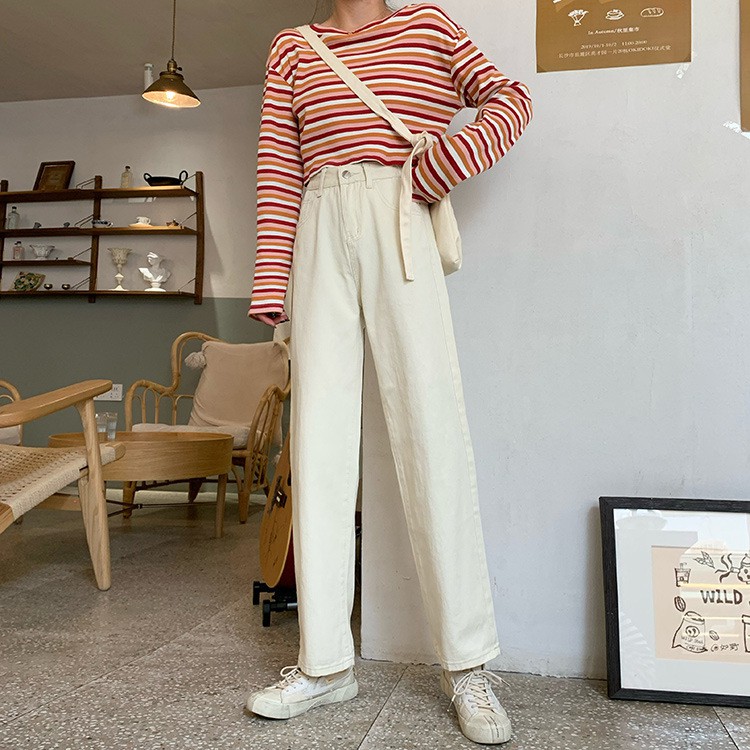 Quần Jeans Nữ Lưng Cao Ống Rộng Phong Cách Hàn Quốc Với 2 Màu Tùy Chọn