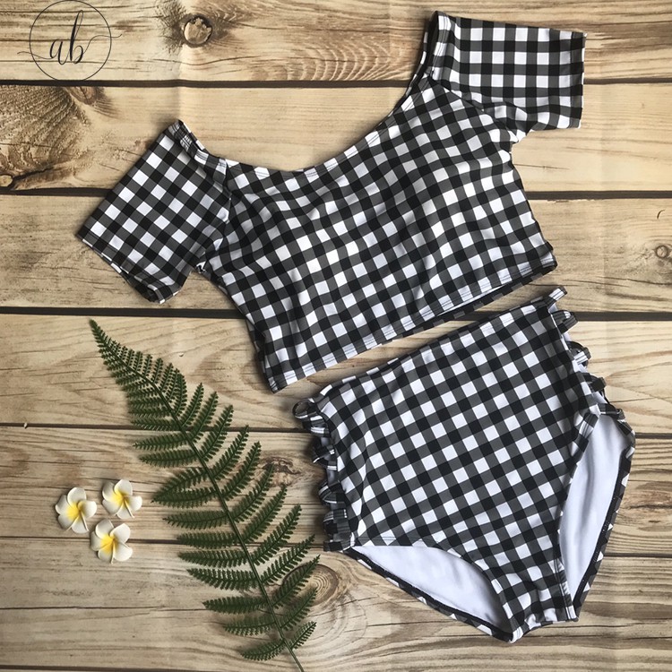 Bikini 2 mảnh quần cạp cao đan dây, áo cộc tay, caro đen trắng khỏe khoắn, thời trang (Freesize 40-55kg)