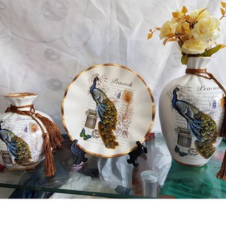 Bộ Ba Bình Gốm Trang Trí Kèm Hoa