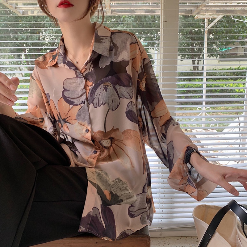 Áo Sơ Mi Chiffon Dài Tay Họa Tiết Hoa Thời Trang