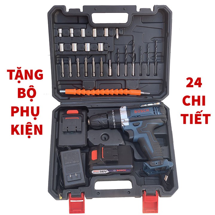 Máy khoan pin 36v, khoan pin Bosch 3 chức năng, Máy bắn vít, khoan gỗ, sắt, siết bulong. Tặng bộ phụ kiện 24 chi tiết
