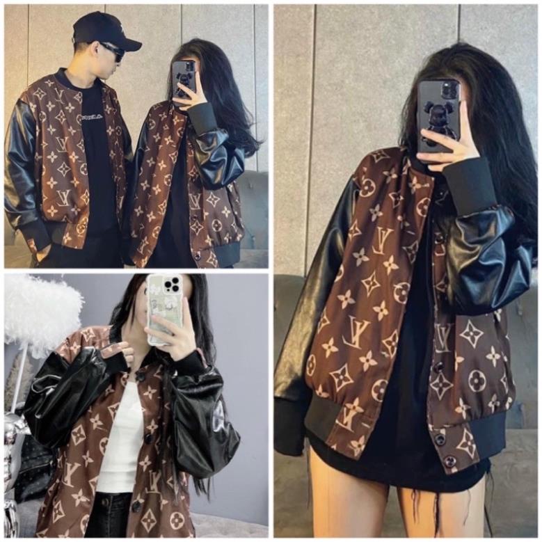 Áo Khoác Bomber L.V Kaki Nỉ Mềm Phối Tay Da Unisex
