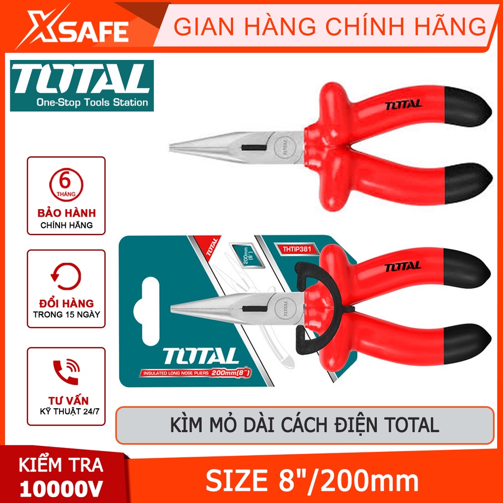 Kềm mỏ dài cách điện TOTAL THTIP381 Kìm điện mỏ dài size 8&quot;/200mm, kiểm tra 10000V, dùng kẹp, cắt, vặn dây điện - XSAFE