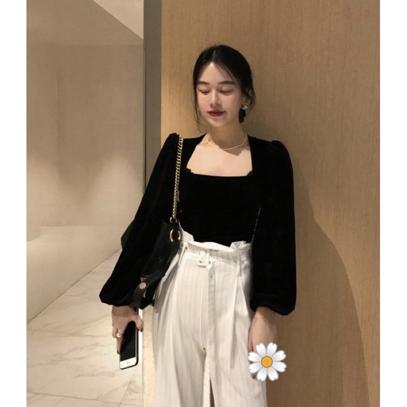 Áo cổ vuông tay bồng nhung đen WANAWEAR sang chảnh cổ điển vintage