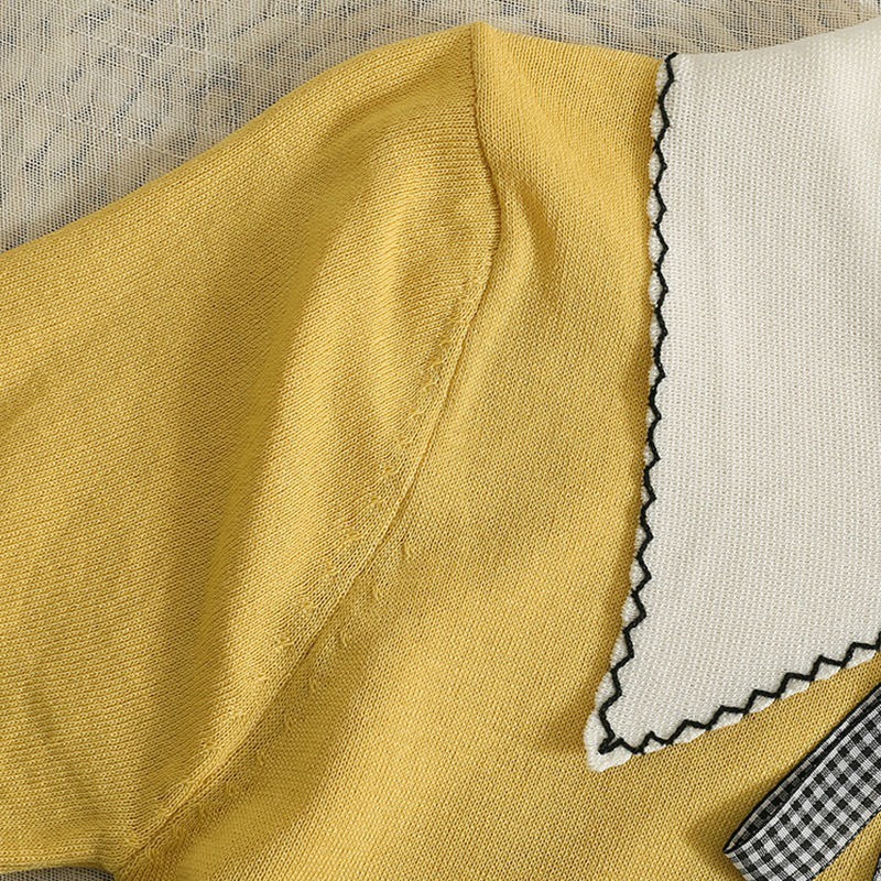 Áo thun polo ZHELIHANGFEI dệt kim tay ngắn thắt nơ đính hạt dễ thương