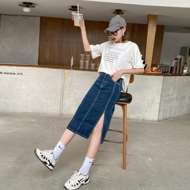 Váy denim cạp cao xẻ tà nữ 2021 phong cách mới thời trang mỏng nhẹ tính khí giữa túi dài ngang hông