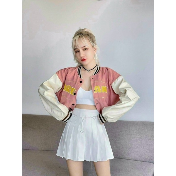 Áo khoác bomber bóng chày lửng croptop da lộn 2 lớp thêu dream unisex ulzzang nam nữ