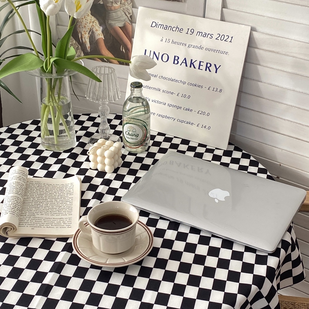 Khăn trải bàn họa tiết kẻ sọc caro đen trắng trang trí nhà/quán cà phê/cắm trại