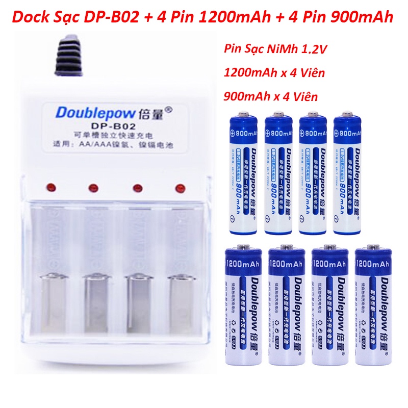 Combo Sạc 4 Khe Kèm 8 Viên Pin Sạc 1.2V Nimh (4 Pin Sạc AA Doublepow 1200mAh  và 4 Pin AAA 900 mha)