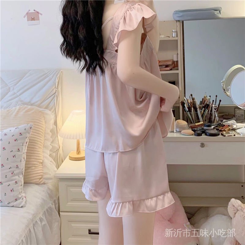 Bộ Đồ Ngủ Hai Dây Cổ Vuông Phối Bèo Màu Hồng Dễ Thương Thời Trang Mùa Hè 2022 Cho Bạn Gái