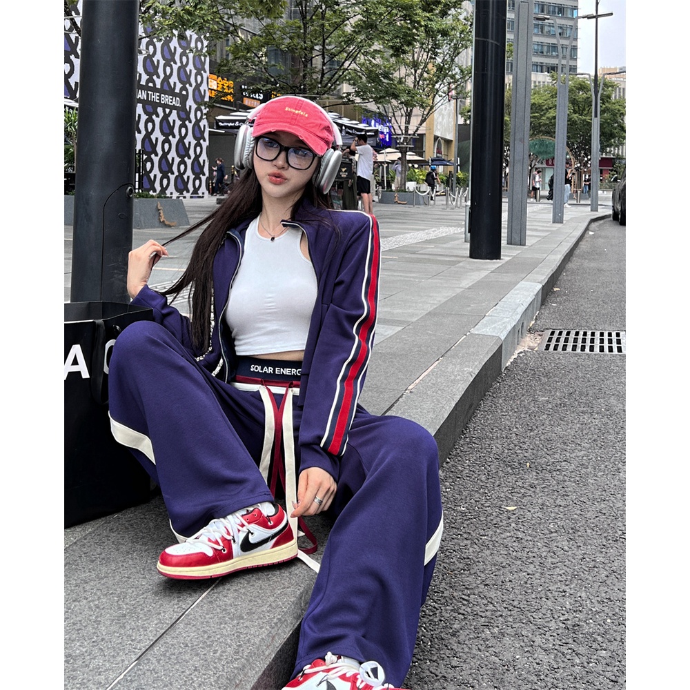 Áo Khoác Tay Dài Có Khóa Kéo + Quần Thể Thao Dáng Rộng Năng Động Hợp Thời Trang