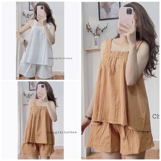 Set bộ ngủ nữ 2 dây phong cách nhẹ nhàng chất đũi mát
