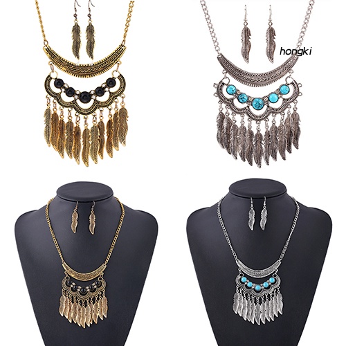 Set Vòng cổ + Bông Tai Hình Chiếc Lá Tua Rua Phong Cách Cổ Điển