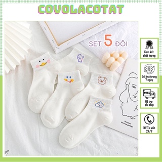 Tất trắng nữ cổ ngắn cao cấp set 5 đôi vớ in hình chất liệu cotton covolacotat