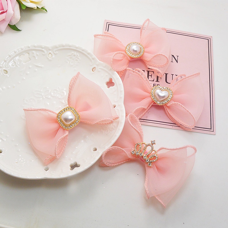 Kẹp Tóc Hình Vương Miện Đính Hạt Ngọc Trai Phối Ren Lưới Màu Hồng Xinh Xắn Cho Bé Gái