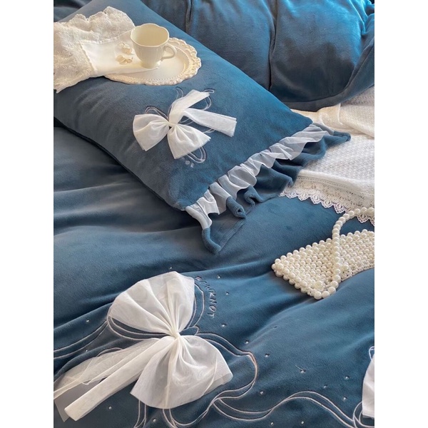 TRỌN BỘ CHĂN GA GỐI NỈ NHUNG ĐÍNH NƠ ĐIỆU ĐÀ CAO CẤP