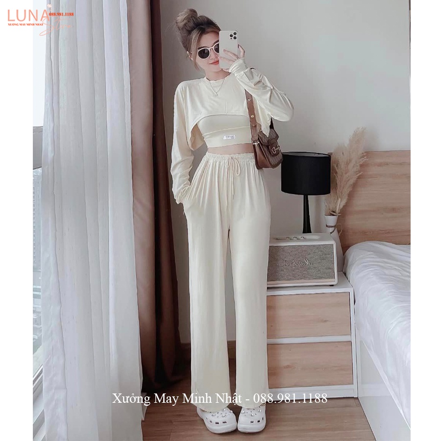 Quần ống rộng thun tăm gân cạp chun dây rút dáng quần len tăm ống rộng suông dài lưng cao vải mềm đi học chơi thể thao