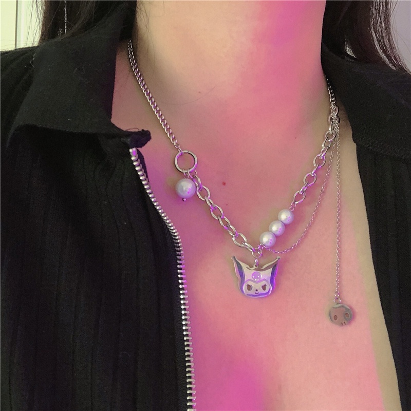 Vòng cổ Hình Mèo Phản Quang Đính Ngọc Trai Thời Trang Phong Cách hip hop Hàn Quốc