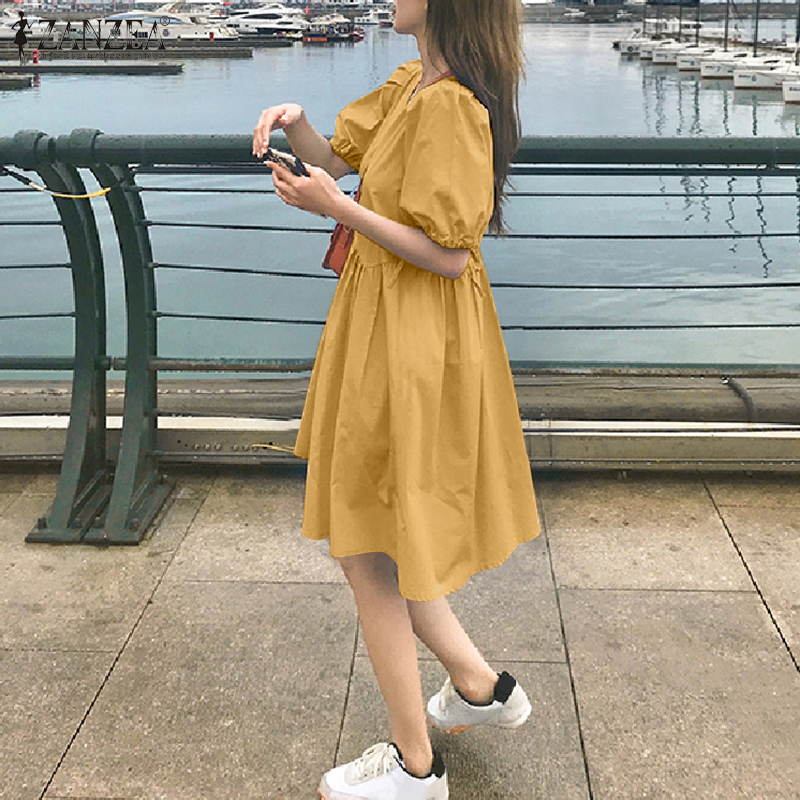 Đầm ZANZEA Ngắn Tay Cổ Chữ V Phối Xếp Ly Thanh Lịch Cho Nữ | BigBuy360 - bigbuy360.vn