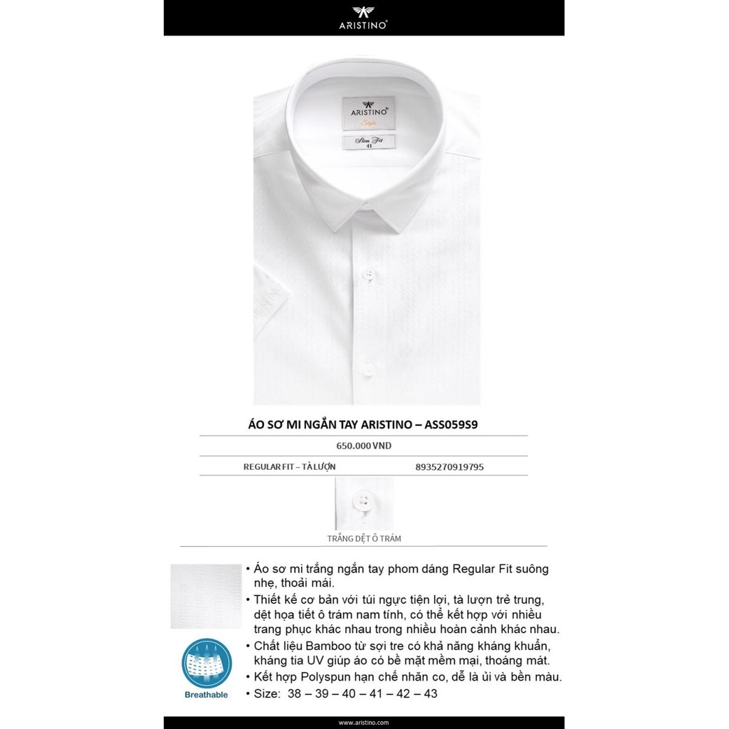 Áo Sơ Mi Nam Tay Ngắn Aristino ASS059S9 Màu Trắng Dệt Ô Trám Dáng Regular Fit Vải Sợi Tre