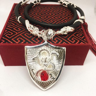 Dây chuyền Phong thủy Mặt Khiên Rồng Ngọc Đỏ Bạc Thái Cao Cấp | Jewelry Bảo Tín (dây và mặt) ( Màu bạc)