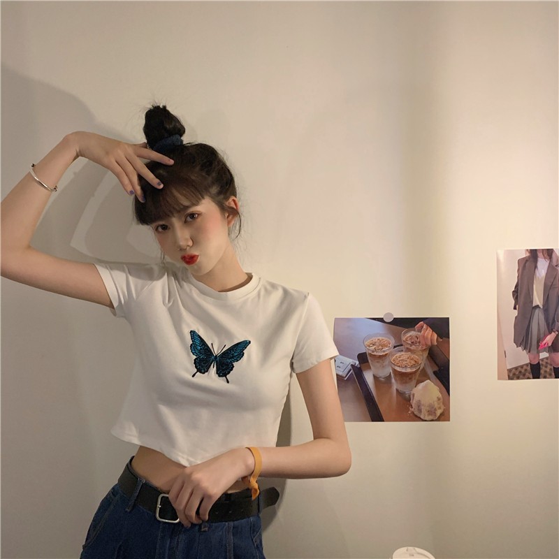 Áo Croptop Nữ Thêu Hình Con Bướm - Áo Thun Ngắn Nữ Cộc Tay 2 Màu