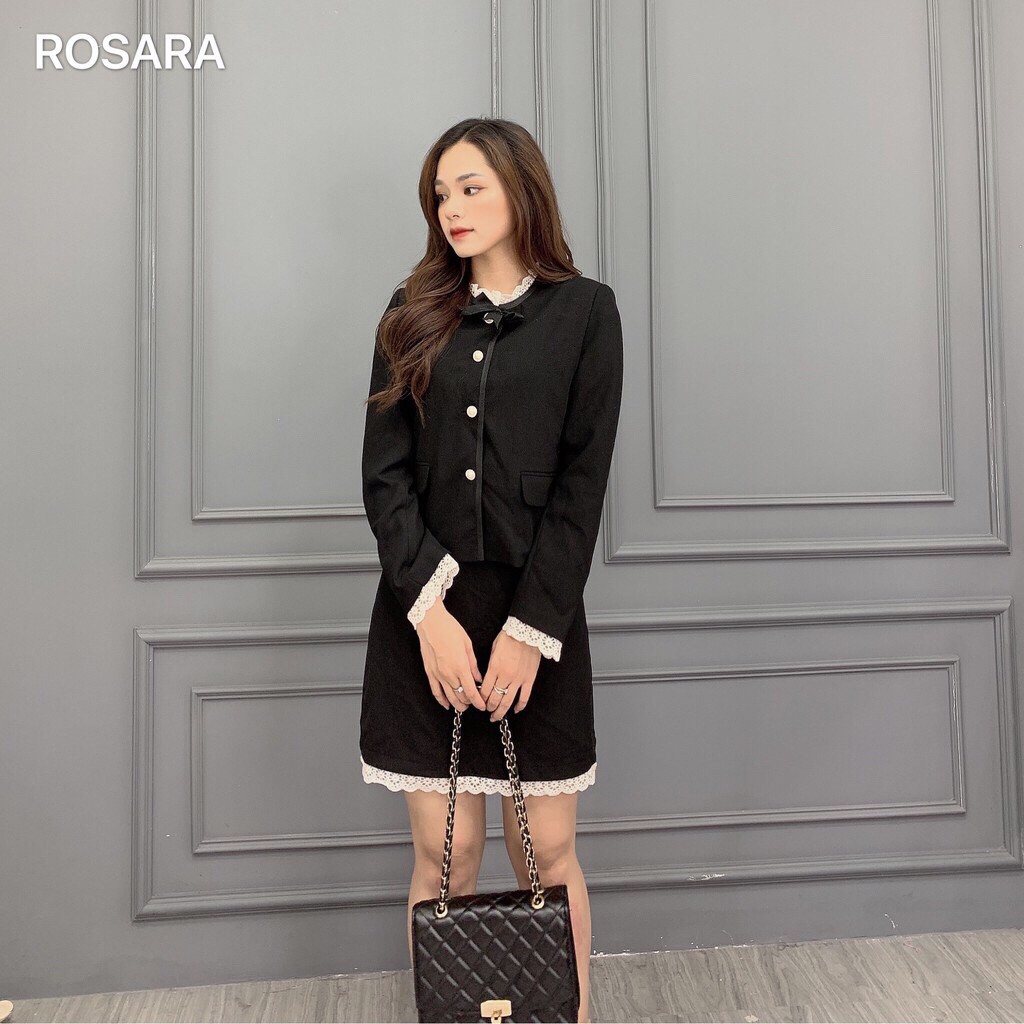 Set áo và chân váy đen viền ren Rosara