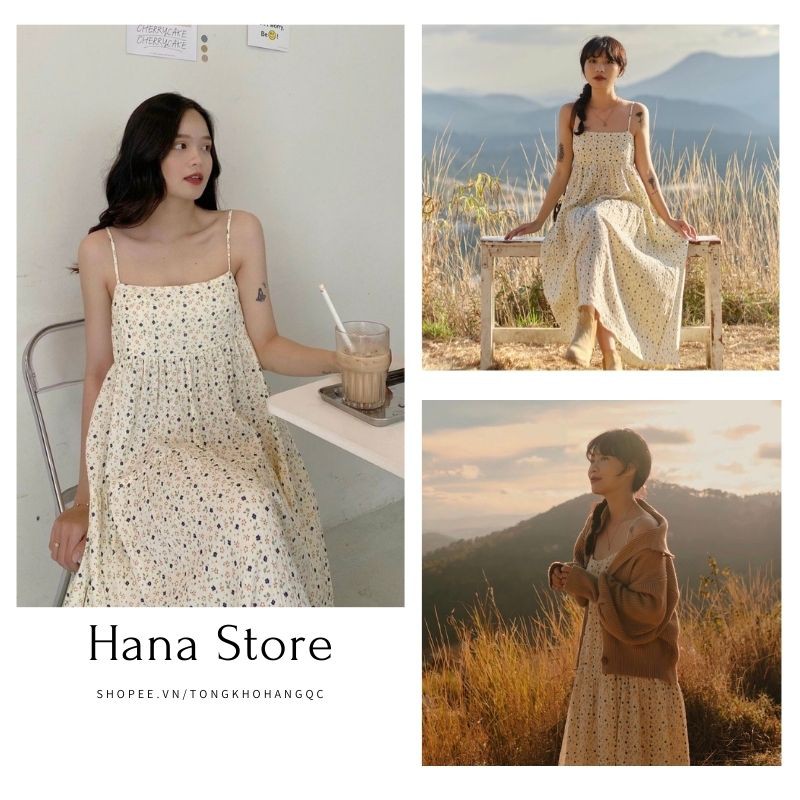 Váy Hai Dây Hoa Nhí Vàng Vintage ❤️ Hana Store - Freeship ❤️ Đầm nữ dáng suông dài họa tiết hoa nhí vàng vintage Ulzzang