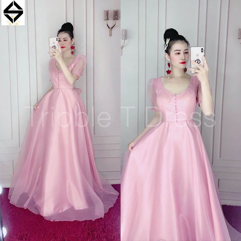 Đầm maxi xòe dự tiệc hay mặc cưới nhẹ nhàng tay ngắn phồng có nơ lưng nhỏ xinh TRIPBLE T DRESS - size M/L - MS316V