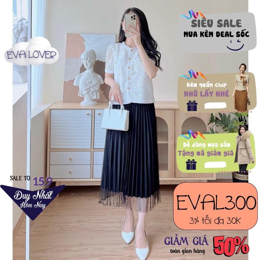 Áo sơ mi 2 lớp cổ tròn phối ren sang trọng mix chân váy xếp ly thiết kế Eva Lover