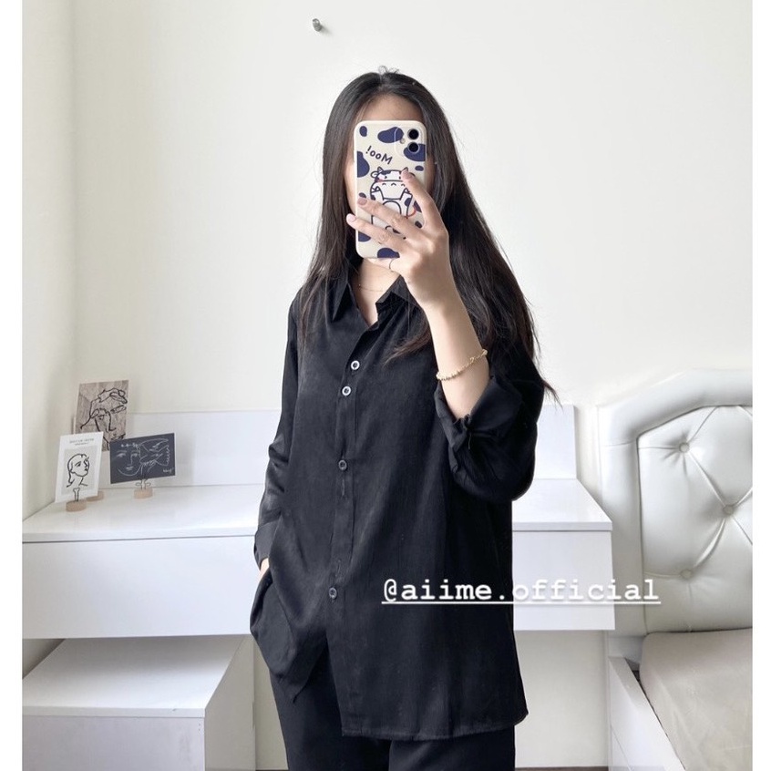 Áo Sơ Mi Nữ Form Rộng Chất Đũi Màu Trắng Đen Dài Tay Ulzzang Cao Cấp