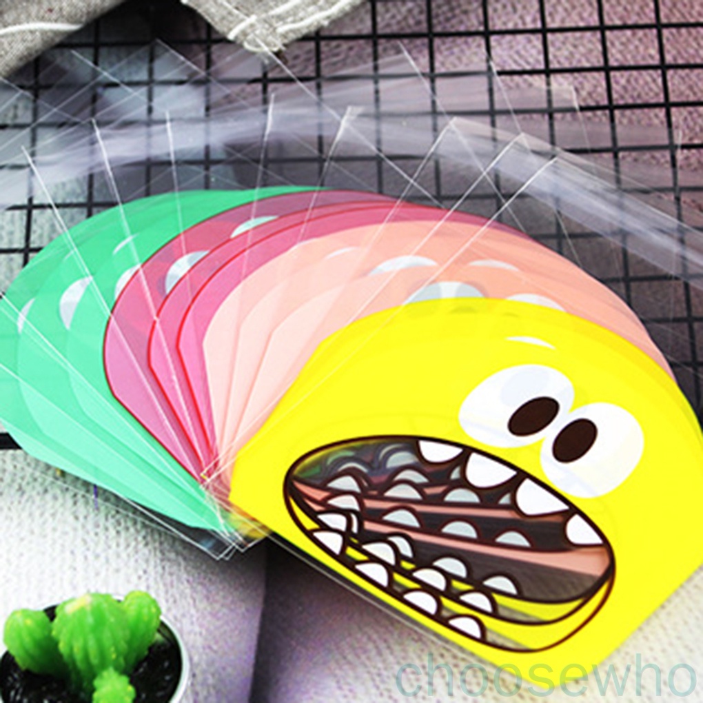 Set 100 túi nhựa đựng bánh kẹo tự dính in hình quái vật hoạt hình