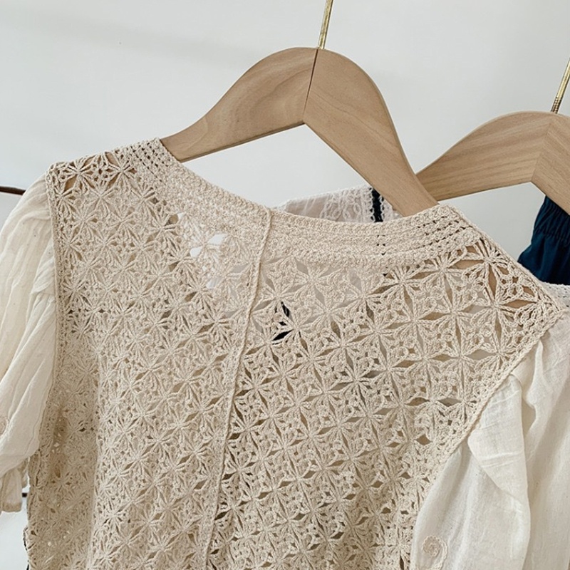 Áo Khoác Cardigan Vải Voan Tay Phồng Ngắn Cổ Chữ V Thêu Hoa Phối Ren Lưng Cài Nút Thời Trang Cho Bạn Gái