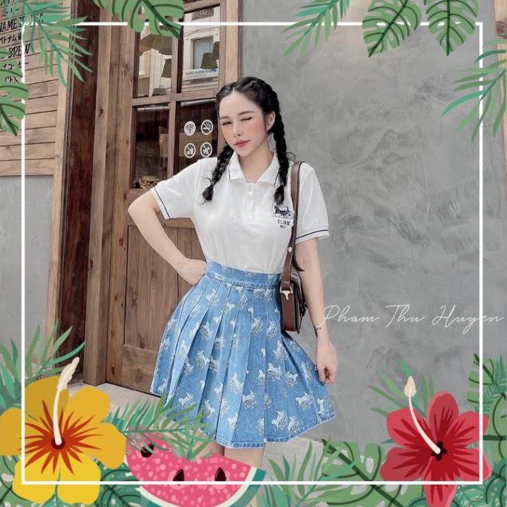 [ 𝐅𝐑𝐄𝐄 𝐒𝐇𝐈𝐏 ] Set Áo Polo Thêu Chữ Mix Chân Váy Xanh