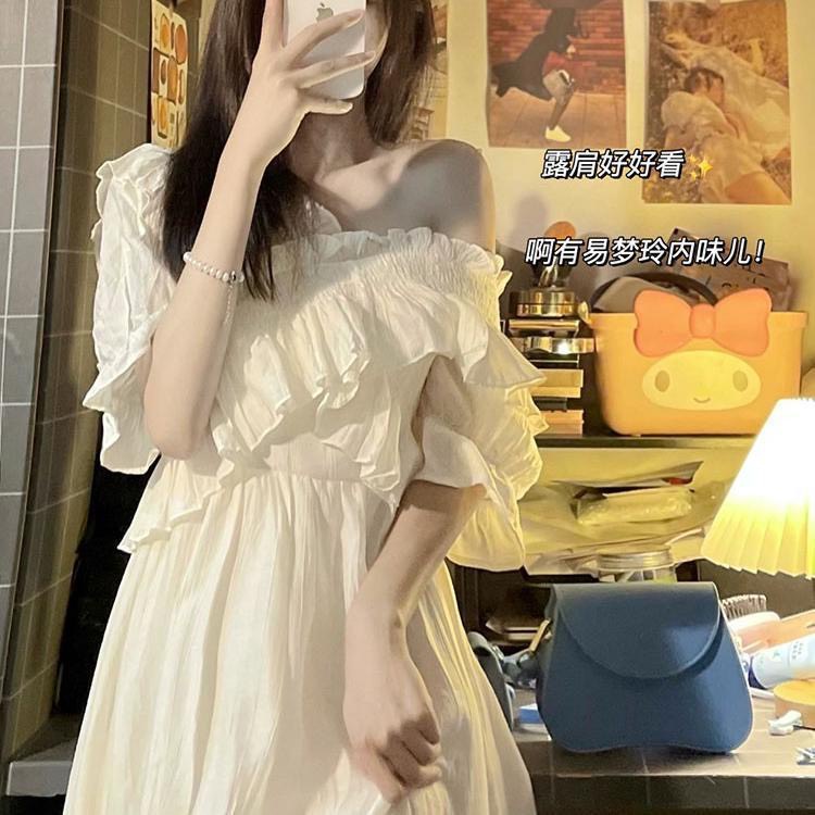 Đầm maxi trễ vai xếp ly tay ngắn cổ chữ v PSD phong cách hàn quốc cho nữ