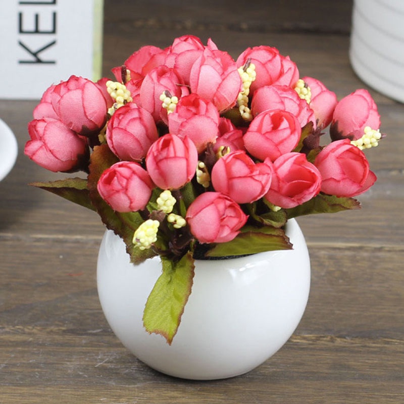 Bó Hoa Hồng Nhân Tạo Mini Bằng Lụa Cho Trang Trí Phòng Khách