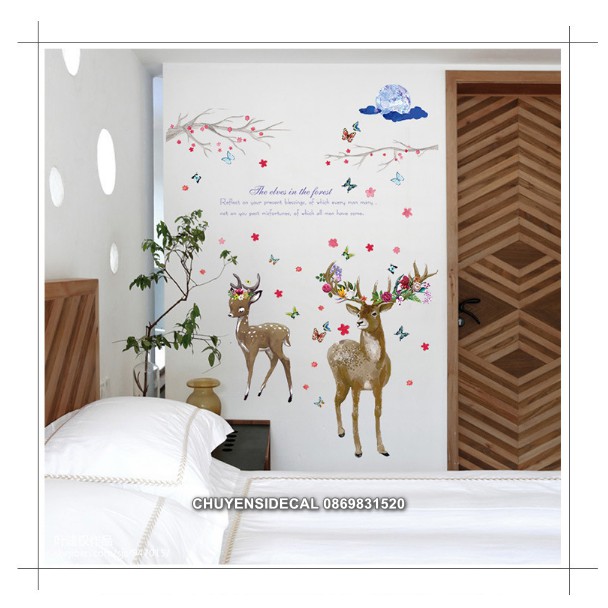 Decal trang trí tường - Nai Nâu Hoa Sắc Màu mới