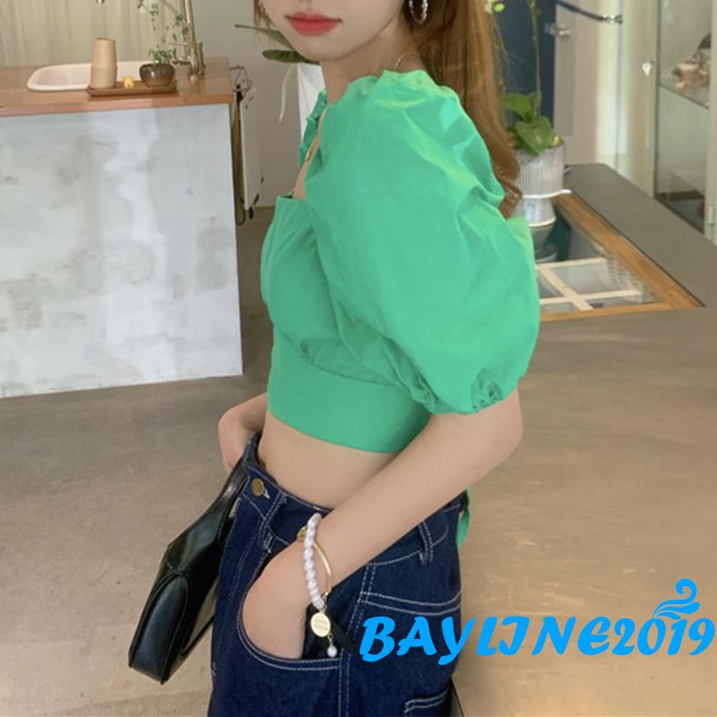 Áo Croptop Tay Phồng Cổ Vuông Hở Lưng Đan Dây Chéo Gợi Cảm Cho Nữ