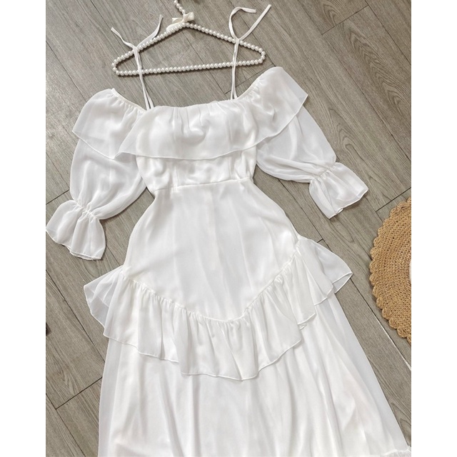 Maxi voan trắng có mút hở/bẹt/rớt/trễ vai, đầm váy dài tầng tiểu thư công chúa thời trang chụp hình đi chơi/biển du lịch