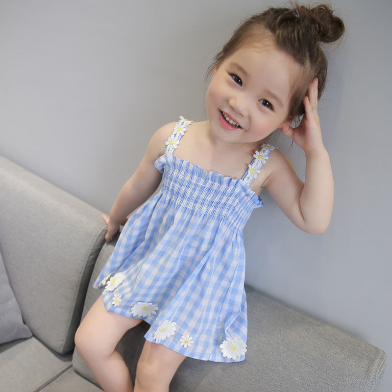 Đầm Công Chúa Không Tay Chất Liệu Cotton Họa Tiết Sọc Caro Dễ Thương Dành Cho Bé Gái