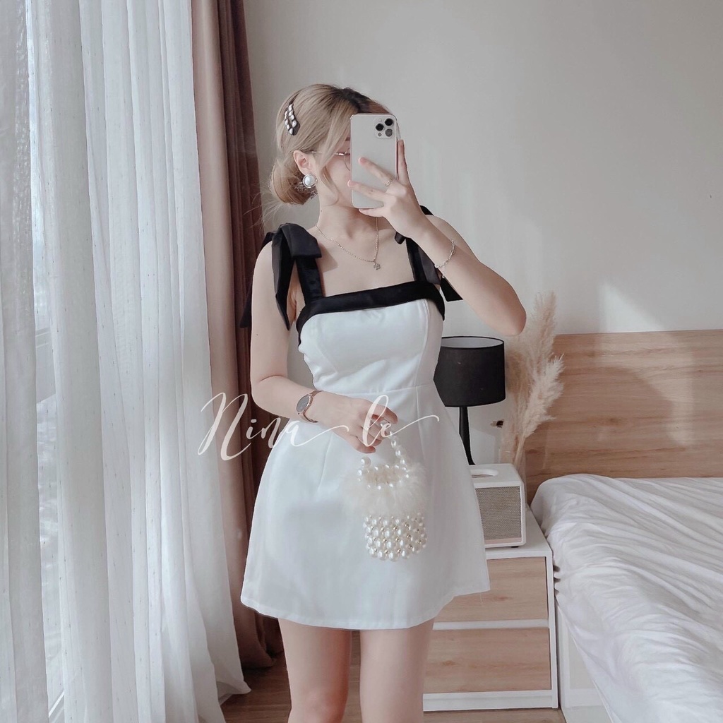 Đầm umi hai dây cột dây nơ kèm ảnh thật chất vải,đầm midi hai dây,váy nữ mặc đi chơi haidây mùa hè