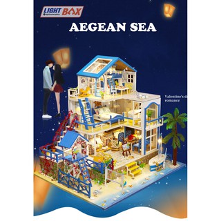 Nhà búp bê Tự làm bằng gỗ [Nhà ROMANTIC AEGEAN SEA có nội thất & đèn led ] Tặng kèm khung MICA + dụng cụ keo