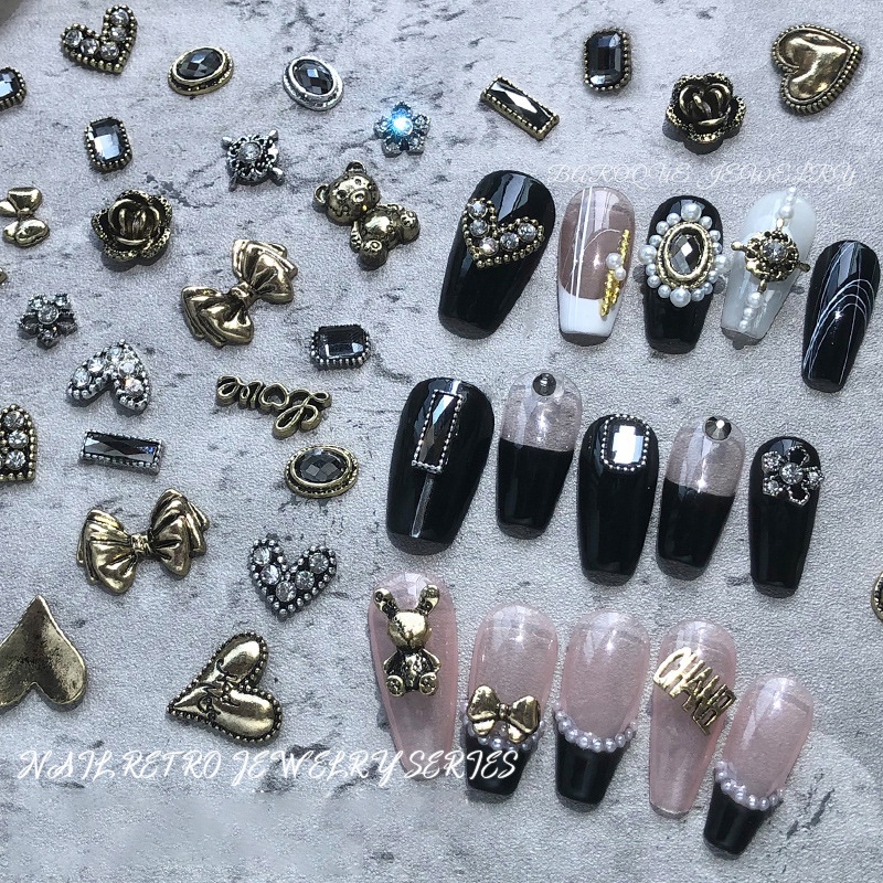 Bộ phụ kiện trang trí móng tay ROU BAO 3D DIY hình nơ đính ngọc trai kim loại phong cách punk cổ điển