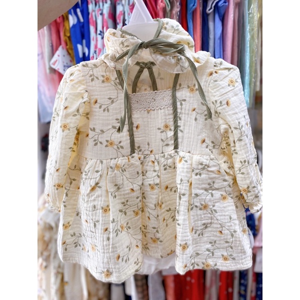 Set đầm ren/ body hoa Bigbaby màu trắng và kem cho bé gái 3-18M