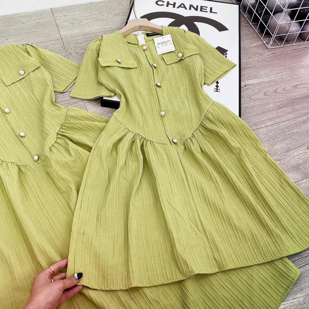 Váy Xanh Bơ Chất Gân Đũi Thiết Kế Eo Cách Điệu Cúc Ngoc Dáng Dài Và Ngắn Siêu Xinh