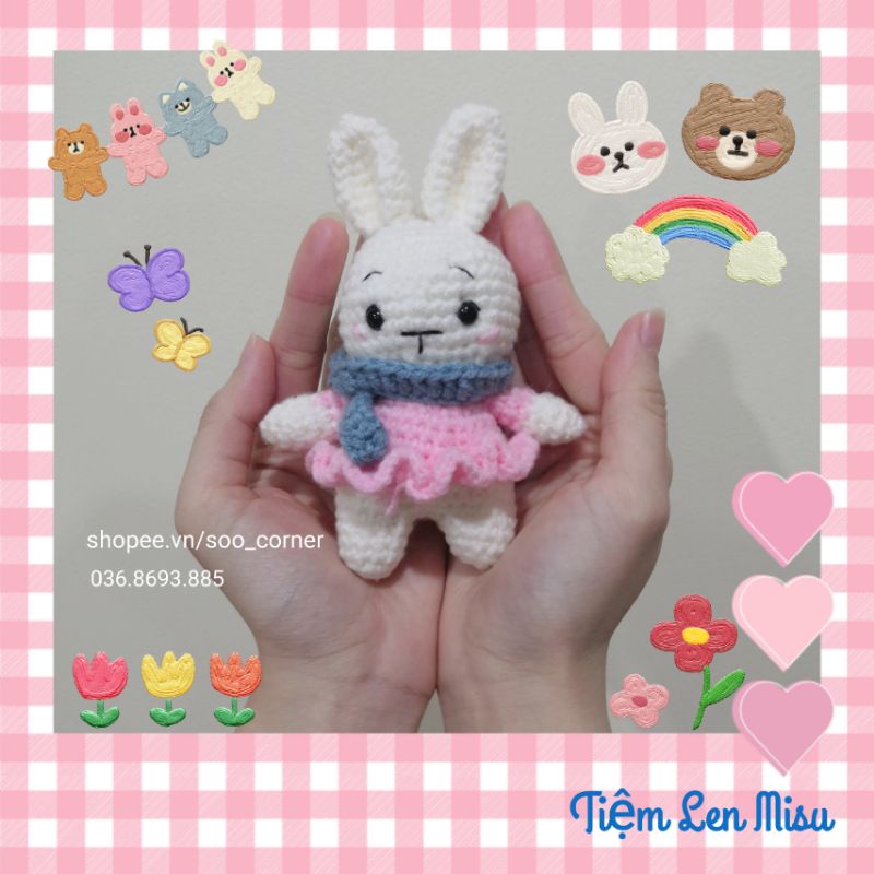 Thỏ Bông Amigurumi Âu Sầu Váy Hồng Len Móc (Xem Ảnh Chọn Màu Nha)