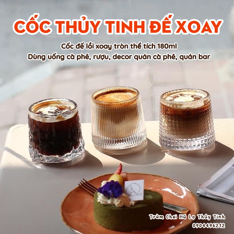 Cốc thủy tinh đế lồi xoay cao cấp, họa tiết sang trọng hiện đại - Cốc decor quán cà phê, quán bar