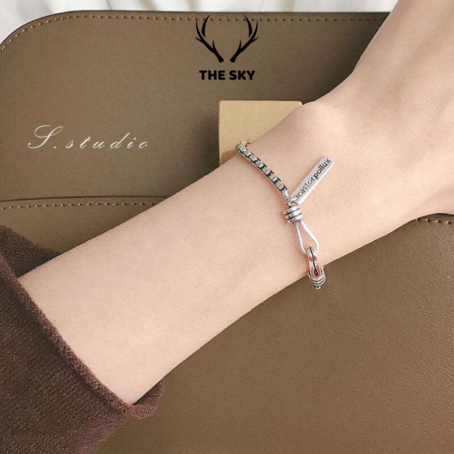 Lắc Tay Bạc Nữ THE SKY VT1019 Xích Vuông Nút Thắt Mặt Thẻ Khắc Chữ Cá Tính Chất Liệu Bạc Thái