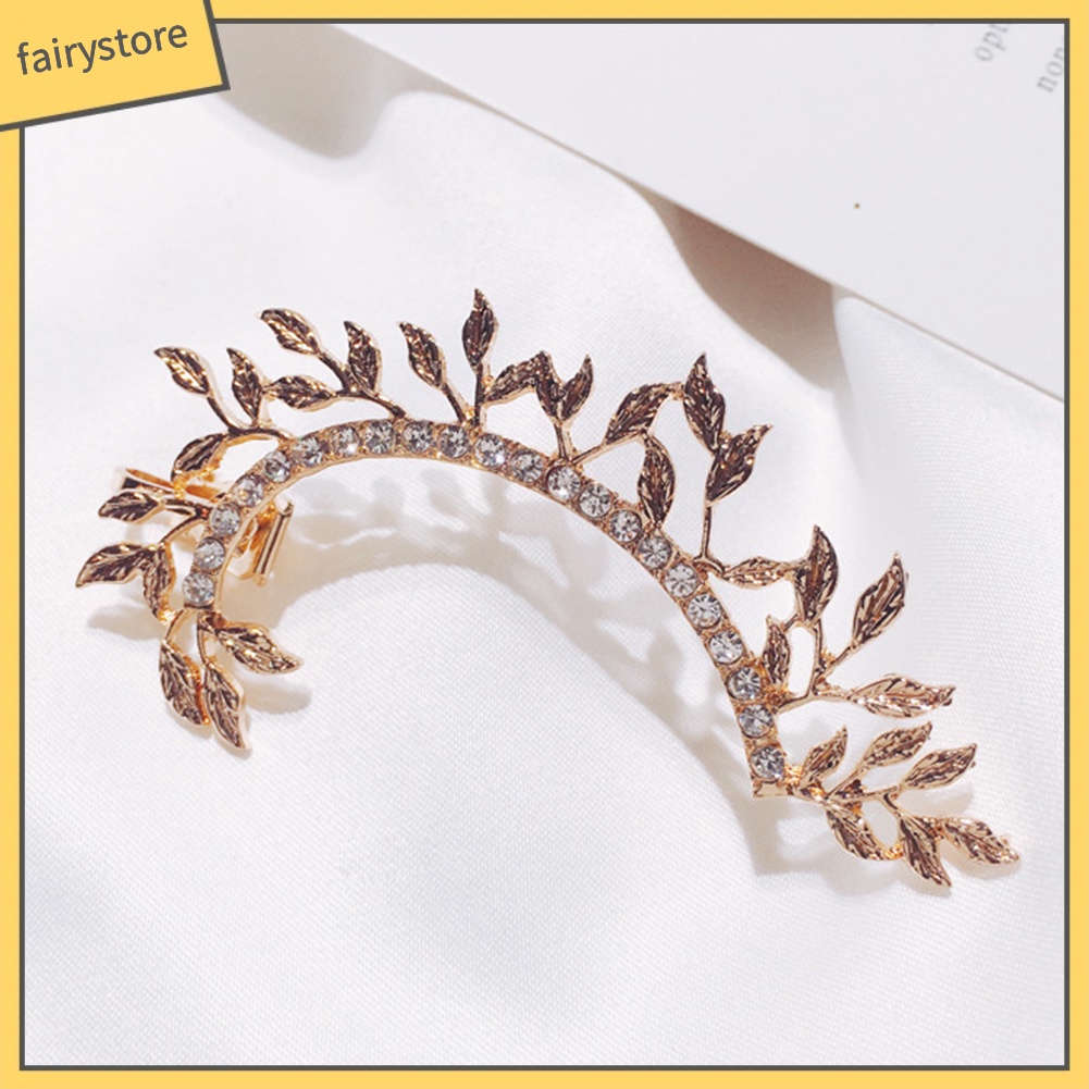 Khuyên vành tai kim loại hình lá đính đá vintage cho nữ