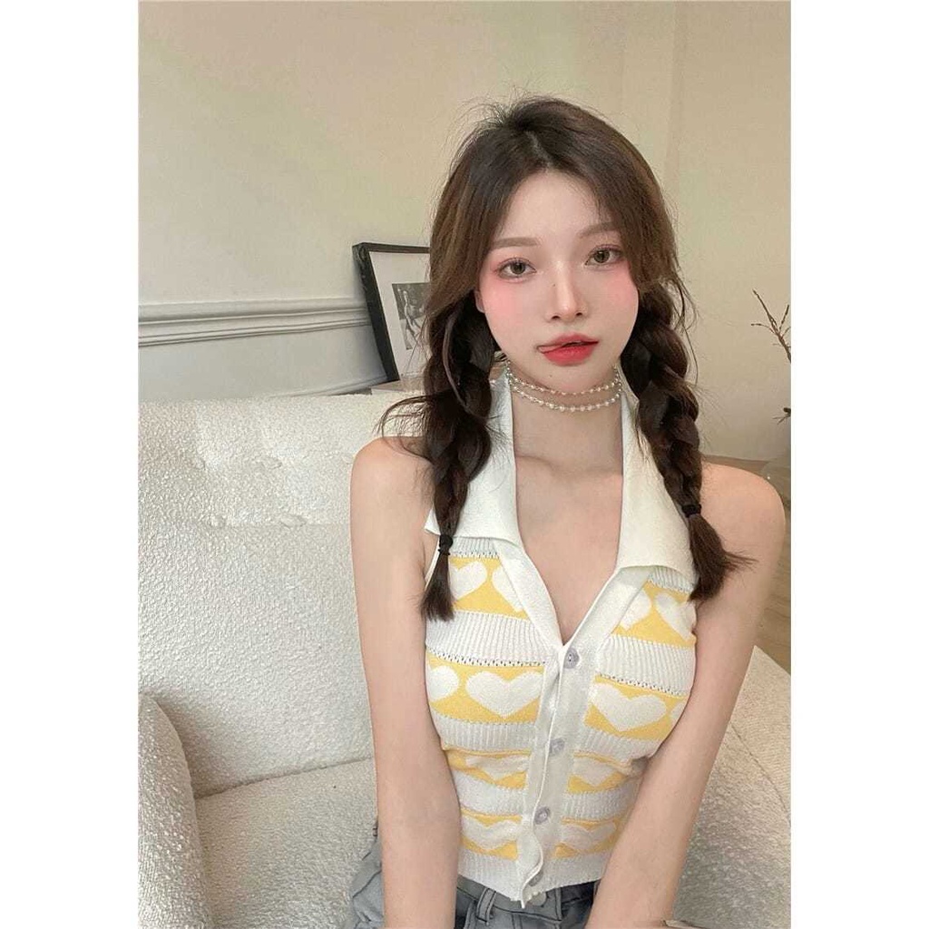 Áo Hai Dây Dệt Kim Ôm Dáng Phối Hàng Nút Phong Cách Hàn Quốc